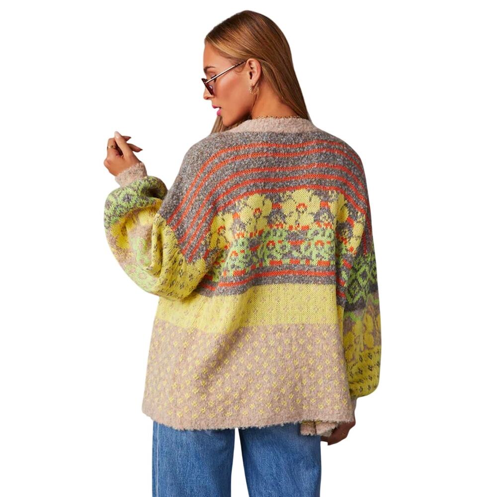 Fate Yellow Tan Gray Multi Floral & Stripe Print Open Front Cardigan XS